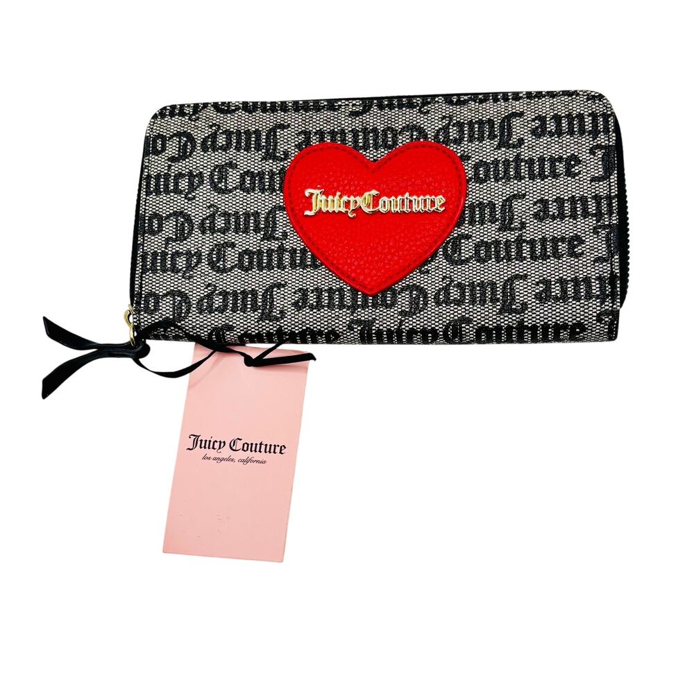 Juicy Couture Goth Stat black Red Heart Zip around wallet card holder NWT